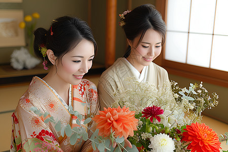 插花的和服女人图片