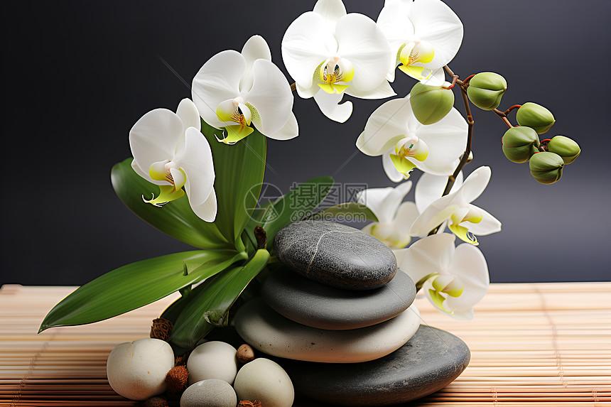 桌面上的石头和兰花图片