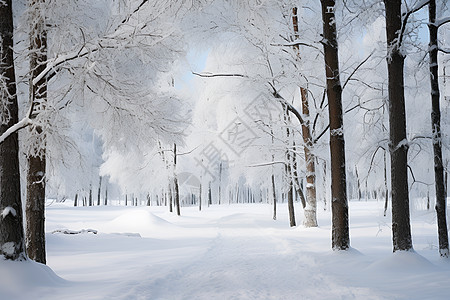 雪径树木被积雪覆盖图片