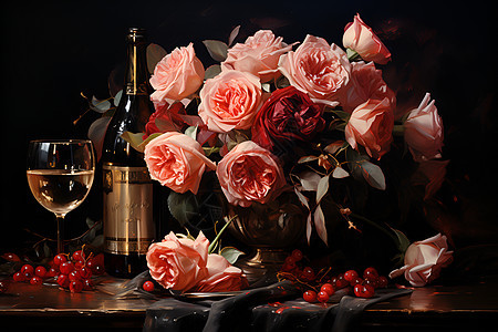 香槟酒水和玫瑰图片