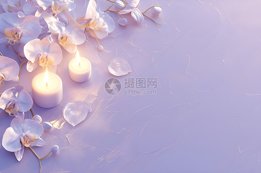 花瓣环绕紫色烛光图片