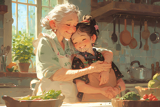 女孩和祖孙开心烹饪图片