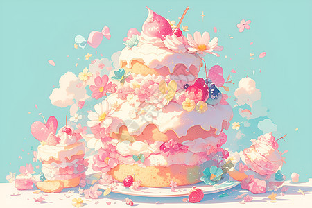 粉色果冻蛋糕上的花朵图片