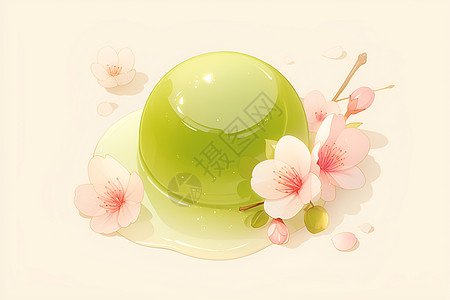 绿色甜点上装饰着粉色花朵图片