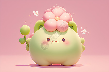 小绿麻糬戴着粉色花饰图片