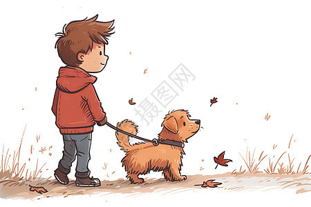 秋天户外遛狗的男孩图片