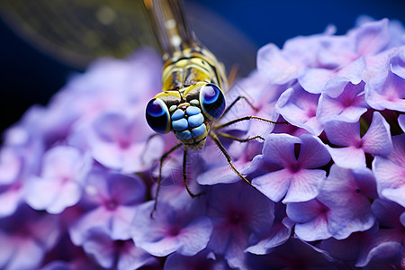蜻蜓眼睛紫色绣球上的蜻蜓背景