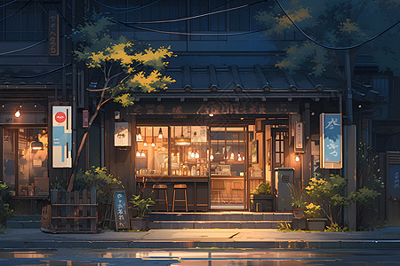 夜空下的日式小楼图片