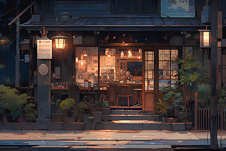 餐厅扫码夜晚的日式建筑插画
