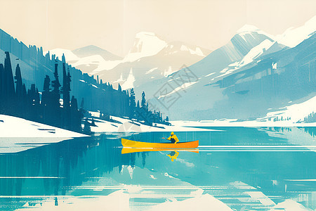 冬日湖畔单独划行的独木舟图片