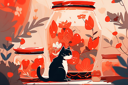 神态活泼的猫与红瓶图片