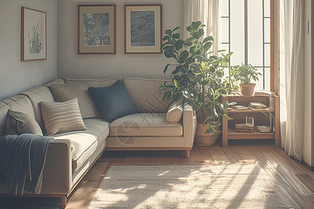 客厅里的沙发和植物图片