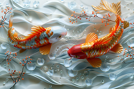 水里的金鱼雕塑壁画高清图片