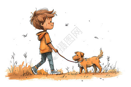 小男孩牵着狗在草地上行走图片