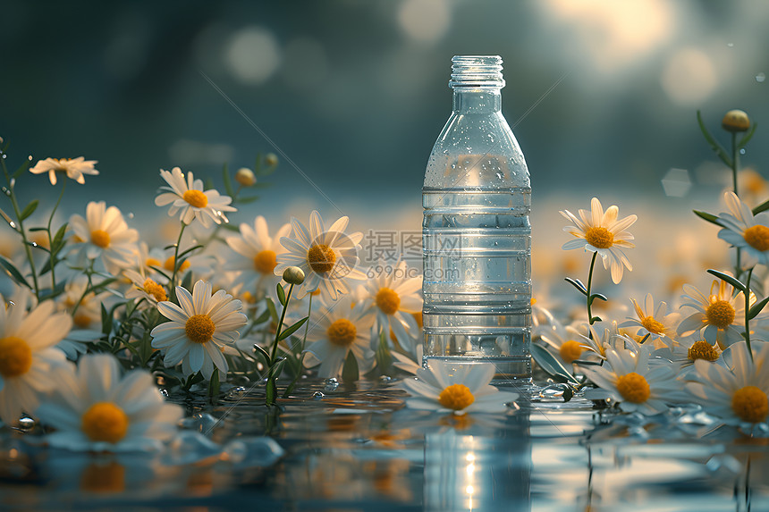水面上的瓶子和花朵图片