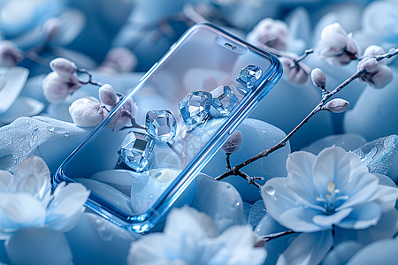 蓝色手机和花背景图片