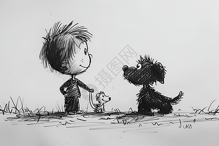 草地上散步的男孩和狗图片