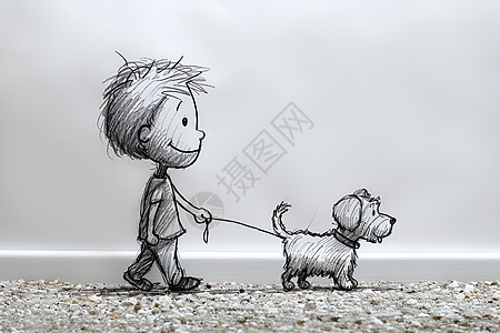 卡通男孩领着狗散步图片