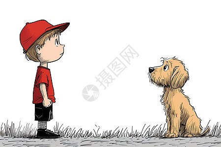 小男孩和狗在草地上互望图片