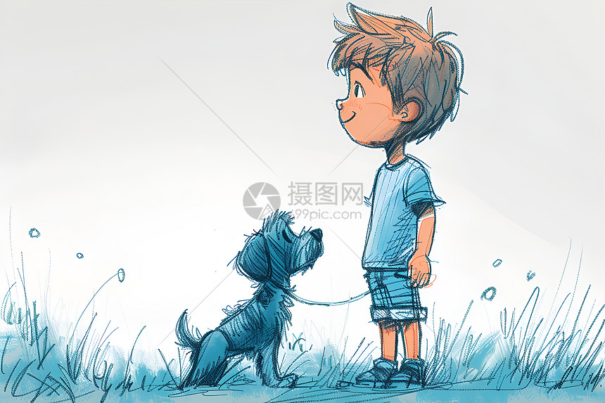 快乐男孩与小狗漫步图片
