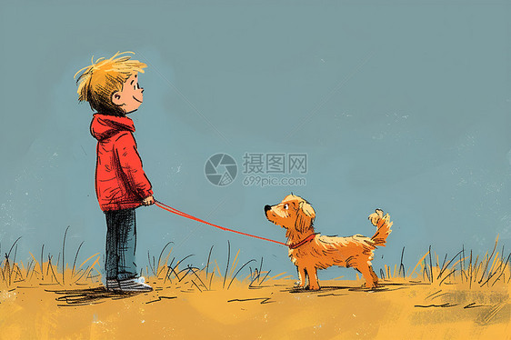 小男孩牵着狗在草地上漫步图片