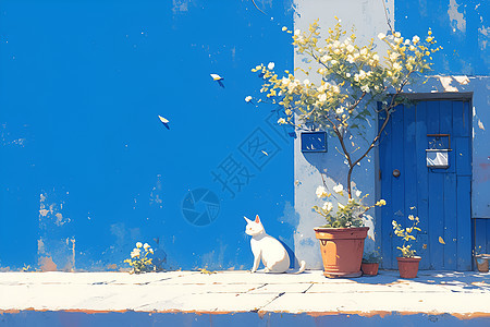 墙角的一只白色猫咪图片