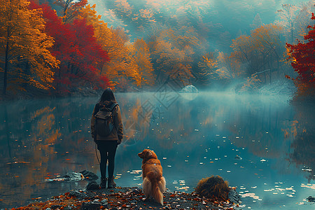 湖边散步的女子背景