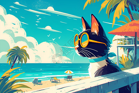 海滩上的小黑猫图片