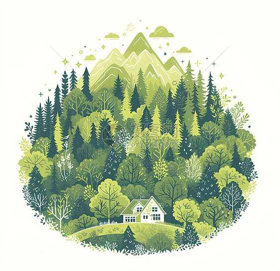 绿色山林中的小木屋图片