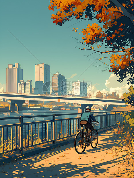 河畔骑行自行车与城市的交织图片