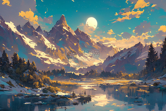 太阳下的山脉湖泊图片