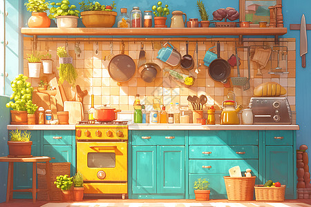 厨房吊柜厨房厨具和盆栽插画