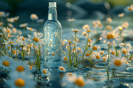 水瓶和水面的洋甘菊图片