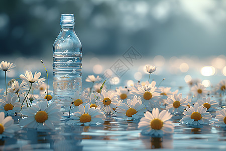 花朵围绕水瓶悬浮水面图片