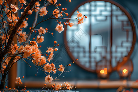 中国风极简设计建筑舞台上的花朵插画