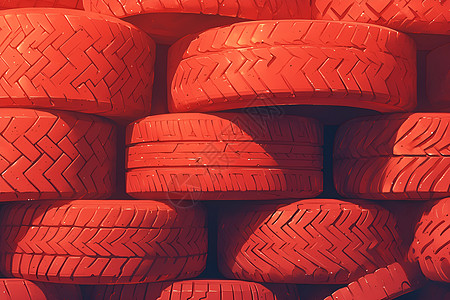 堆叠如山的红色轮胎高清图片