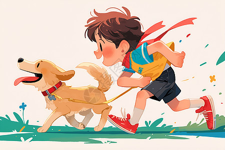 一起奔跑的小男孩和狗狗图片