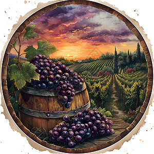 葡萄酒桶上的葡萄高清图片