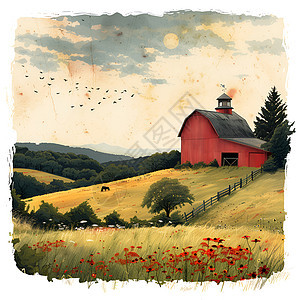 山坡上的红色谷仓图片