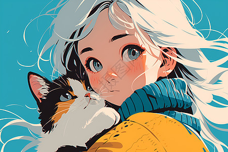 白发少女与猫的亲密合影背景图片