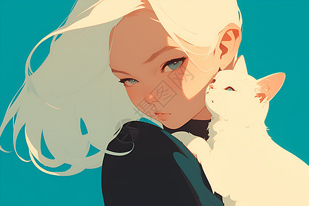 白发女子抱着猫图片