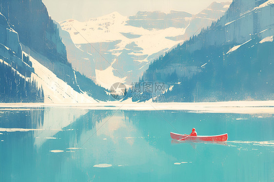 冰雪湖泊中孤独的独木舟图片