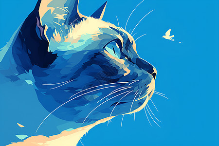 蓝色背景下的极简风猫咪背景图片