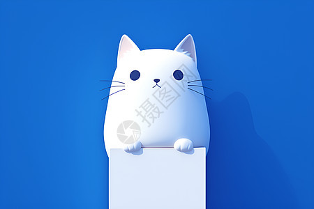 白猫坐在蓝色背景前背景图片