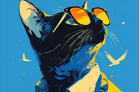 蓝色背景里戴着墨镜的猫咪背景图片