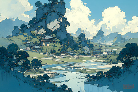 远山流水古风插画图片