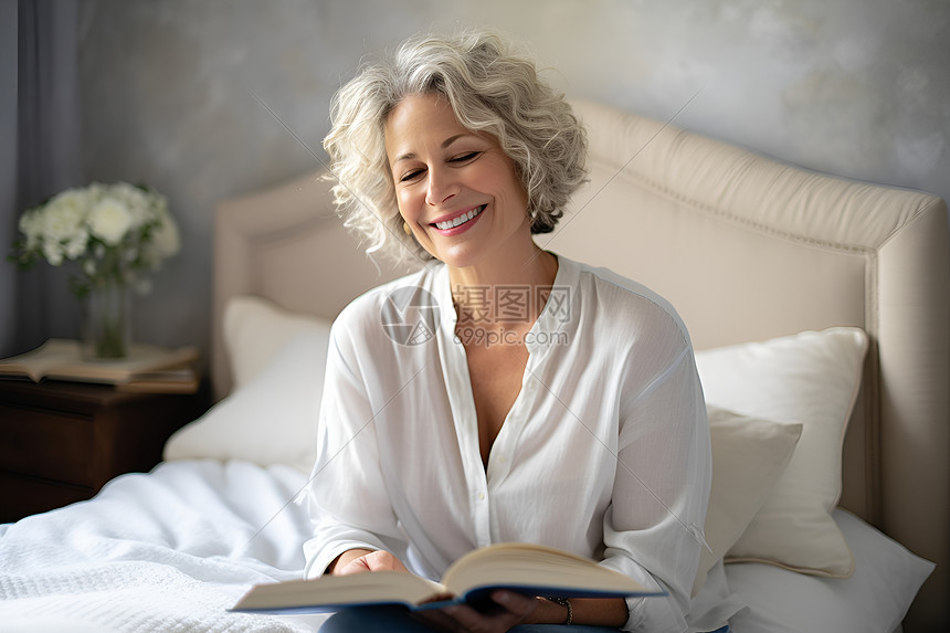 床上看书的老年女性图片