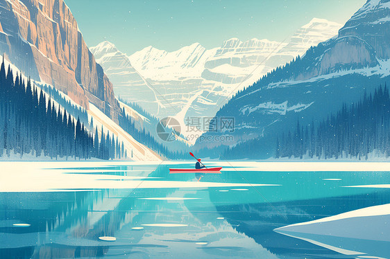 独木舟在冰封的湖面上图片