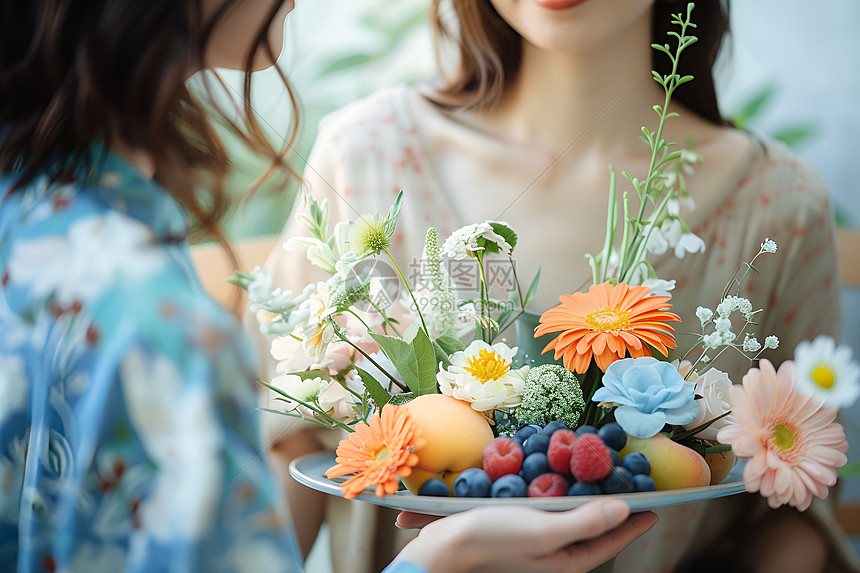 女子手持花果图片