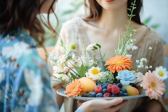 女子手持花果图片